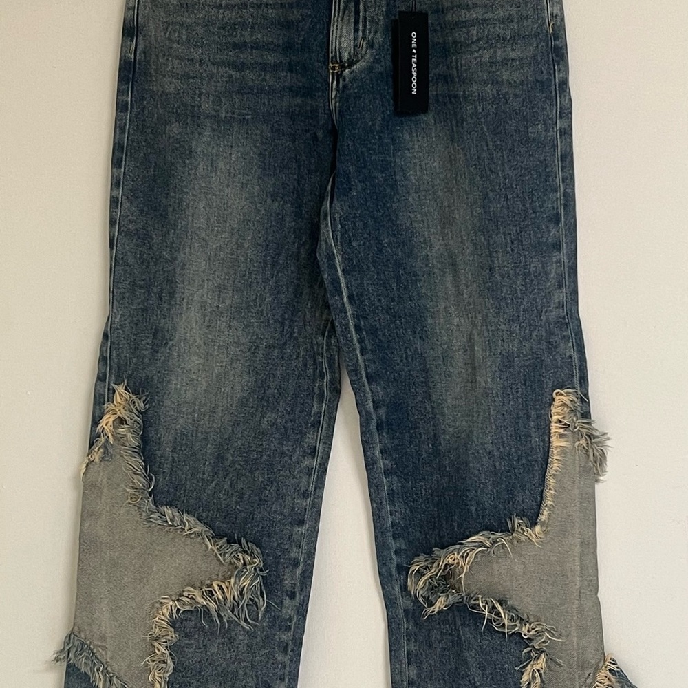 One Teaspoon Blue Frayed Wide Leg Jeans